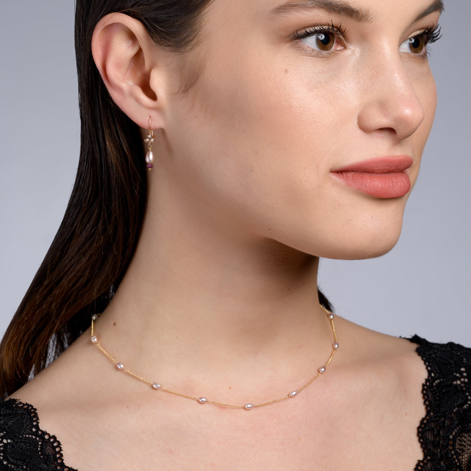 Pink Pearl Necklace, shown on a model