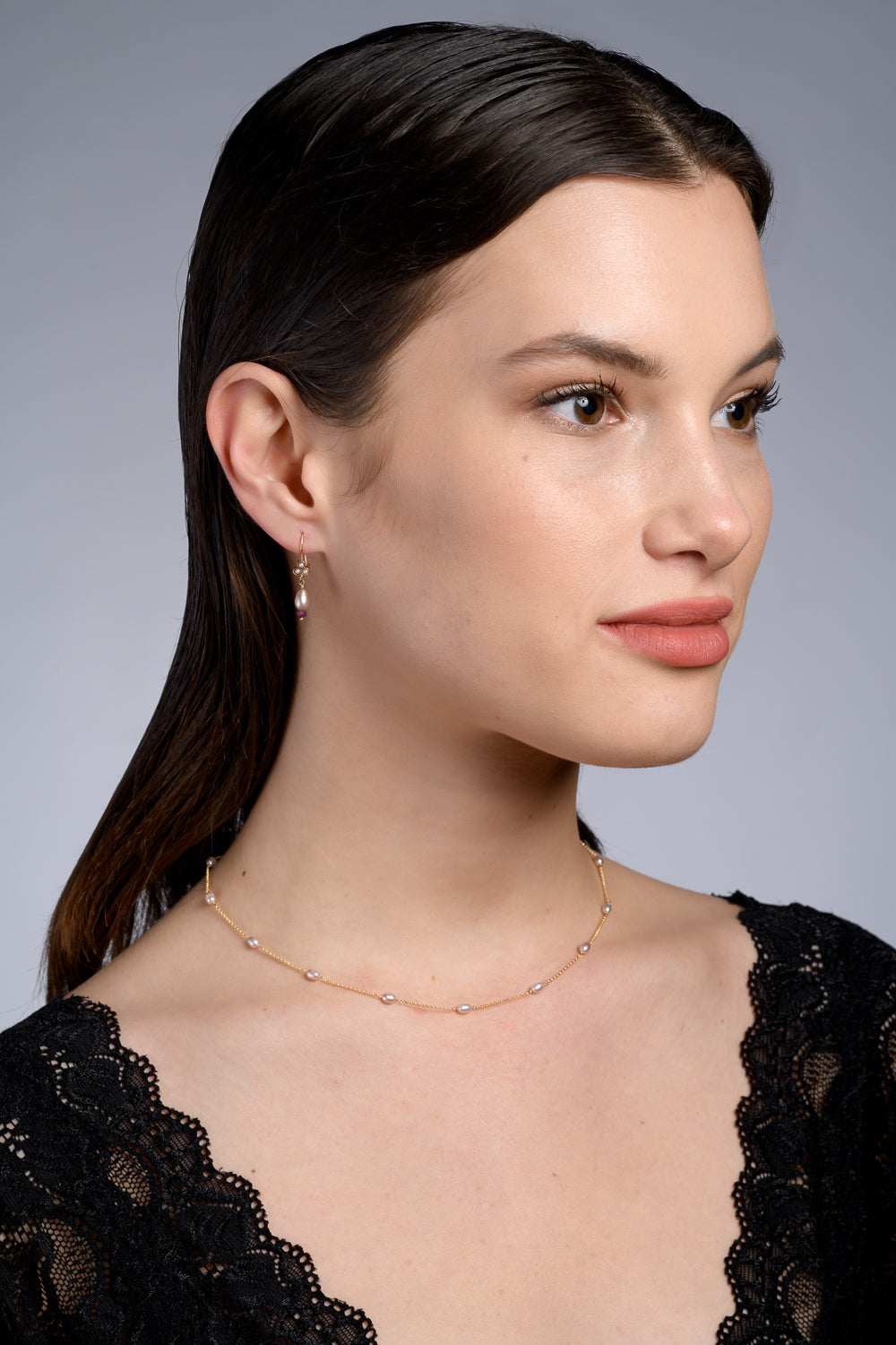 Pink Pearl Necklace, shown on a model