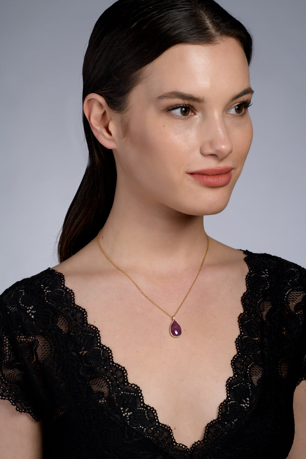 Lara Rose-Cut Ruby Necklace, shown on a model