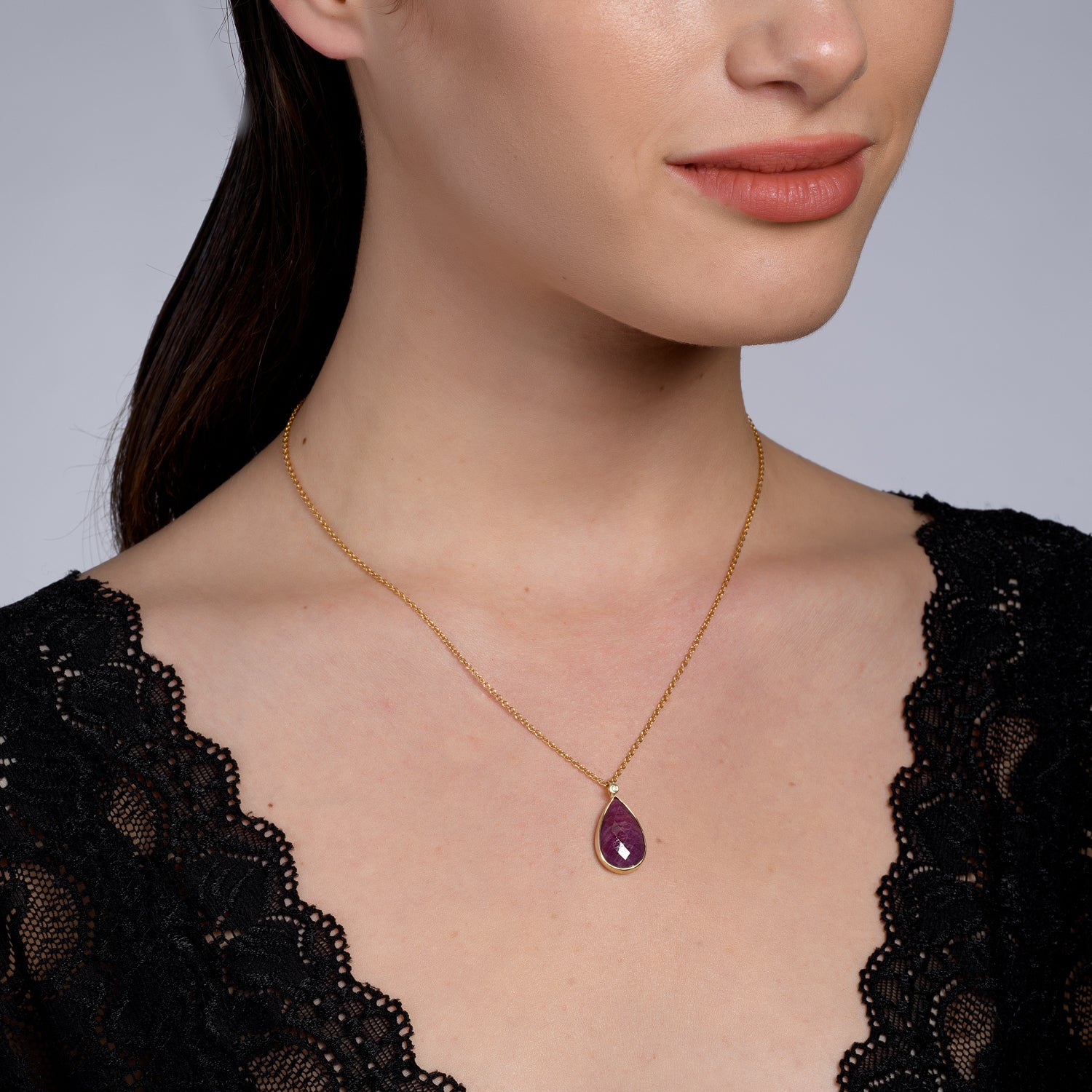 Lara Rose-Cut Ruby Necklace, shown on a model