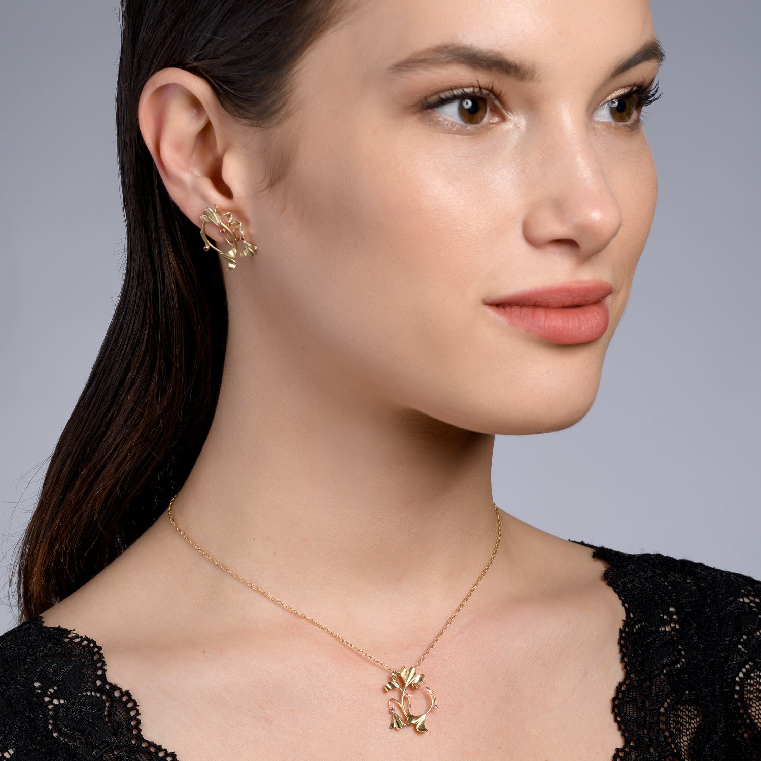 Bouquet Ruby Earrings, shown on a model