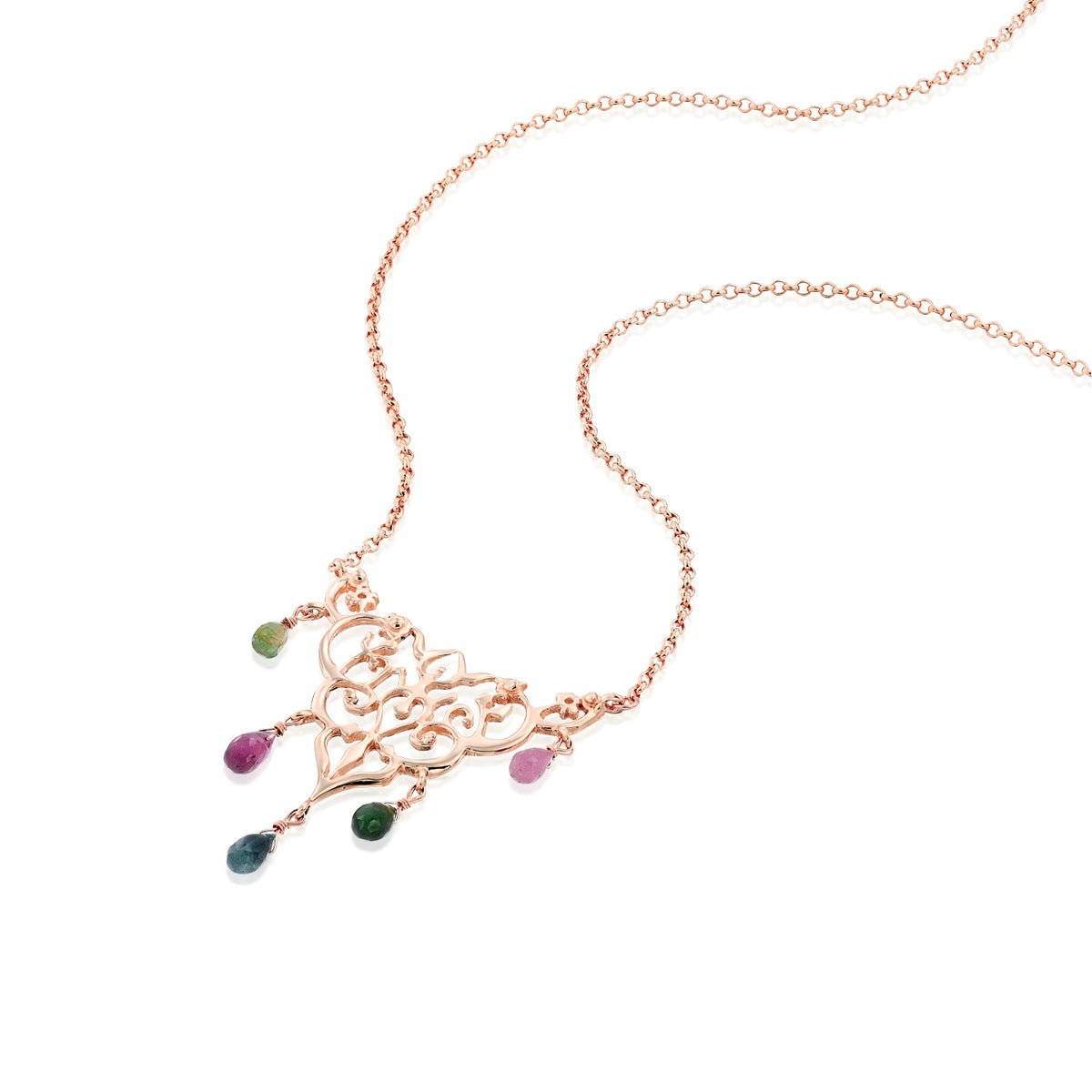 Angled view of the Tourmaline Chandelier necklace in 14K rose gold, showing the ornate pendant, tourmaline drops and chain