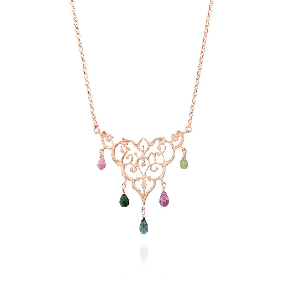 Tourmaline Chandelier necklace in 14K rose gold, front view: ornate pendant with pink, green and blue tourmaline drops