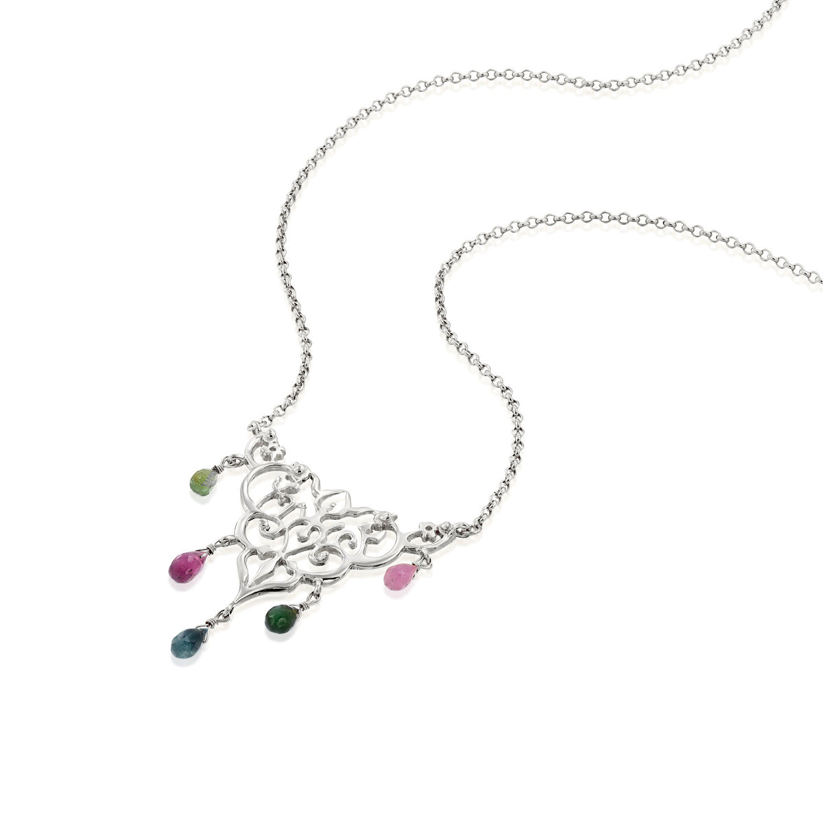 Angled view of the Tourmaline Chandelier necklace in 14K white gold, showing the ornate pendant, tourmaline drops and chain