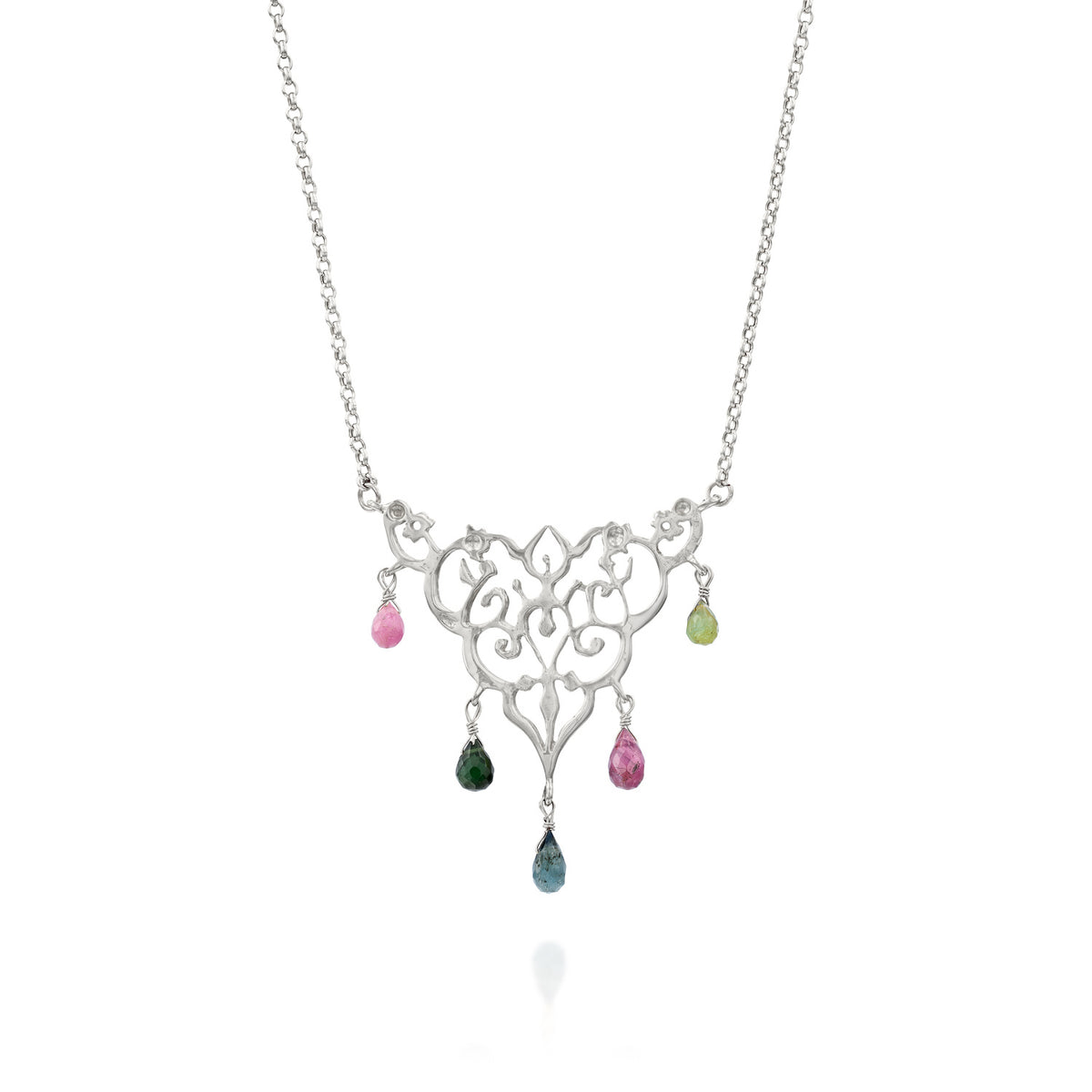 Tourmaline Chandelier necklace in 14K white gold, front view: ornate pendant with pink, green and blue tourmaline drops