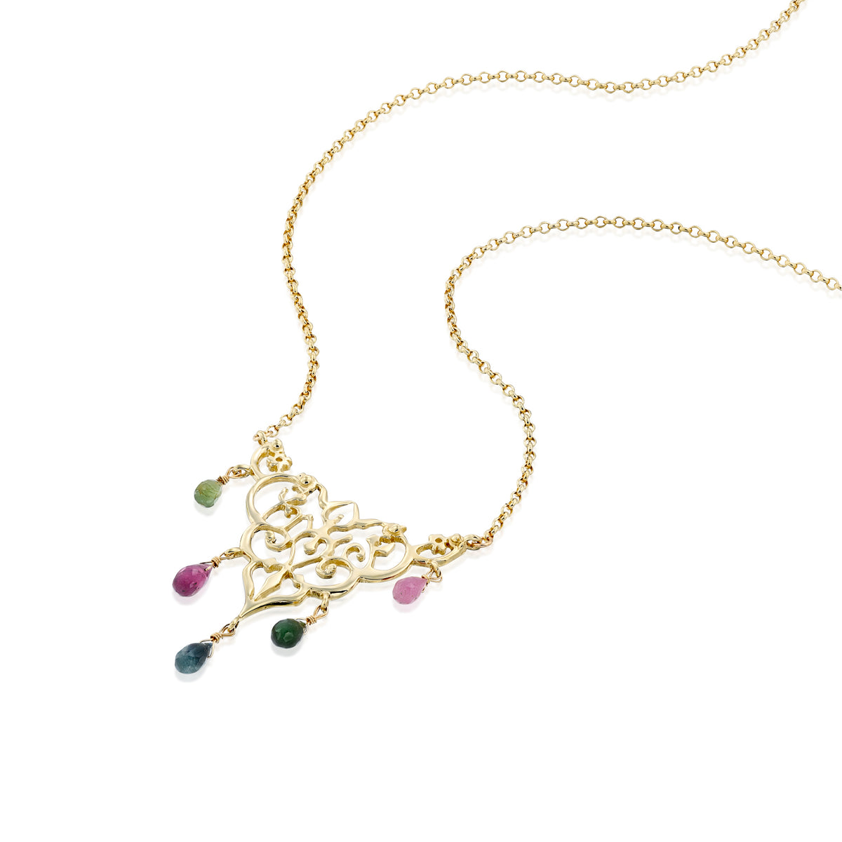 Angled view of the Tourmaline Chandelier necklace in 14K yellow gold, showing the ornate pendant, tourmaline drops and chain