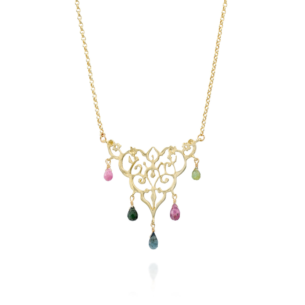 Tourmaline Chandelier necklace in 14K yellow gold, front view: ornate pendant with pink, green and blue tourmaline drops